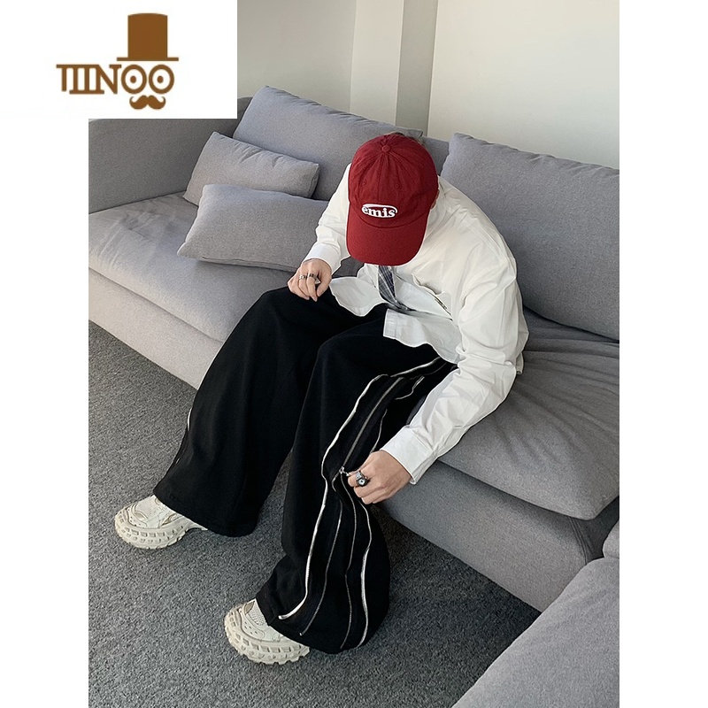 YANXU美式高街开衩休闲裤男女显瘦阔腿宽松直筒百搭侧边拼接拉女侧显链高清大图