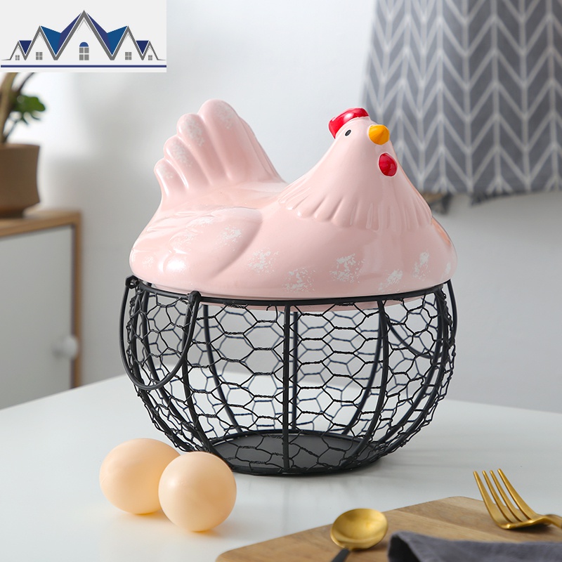 个性创意陶瓷母鸡铁艺鸡蛋水果收纳篮子 厨房摆件 餐馆装饰储物篮 三维工匠 暖粉色白点配网格篮