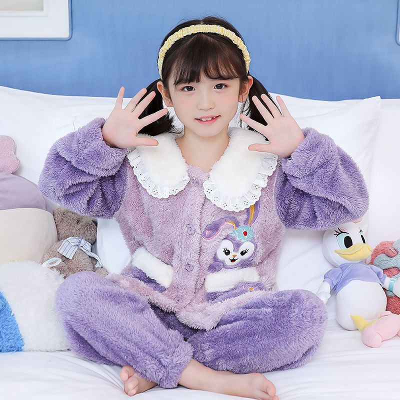 儿童睡衣女童秋冬款法兰绒加厚珊瑚绒公主星黛露卡通家居服套装男