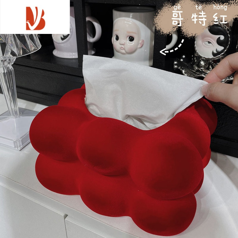 三维工匠中古高颜值陶瓷丝绒纸巾盒创意小众家用抽纸筒餐巾收纳盒装饰摆件 椰云奶咖