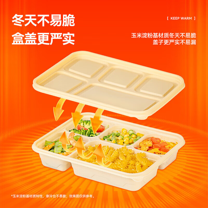 特美居 可降解玉米淀粉一次性长方五格带盖餐盒100套 TMJ-1982 BDZSSC高清大图