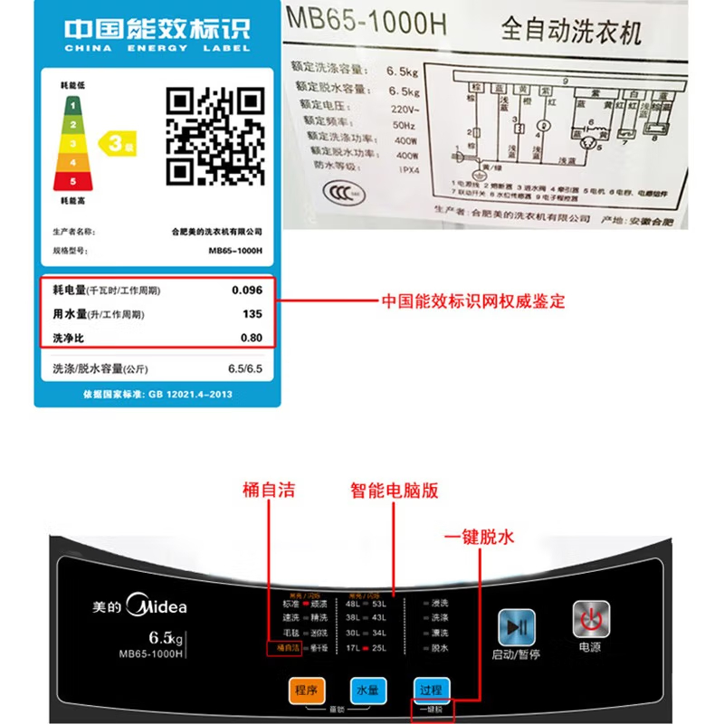 美的(Midea)波轮洗衣机全自动小型 迷你家用6.5公斤 MB65-1000H
