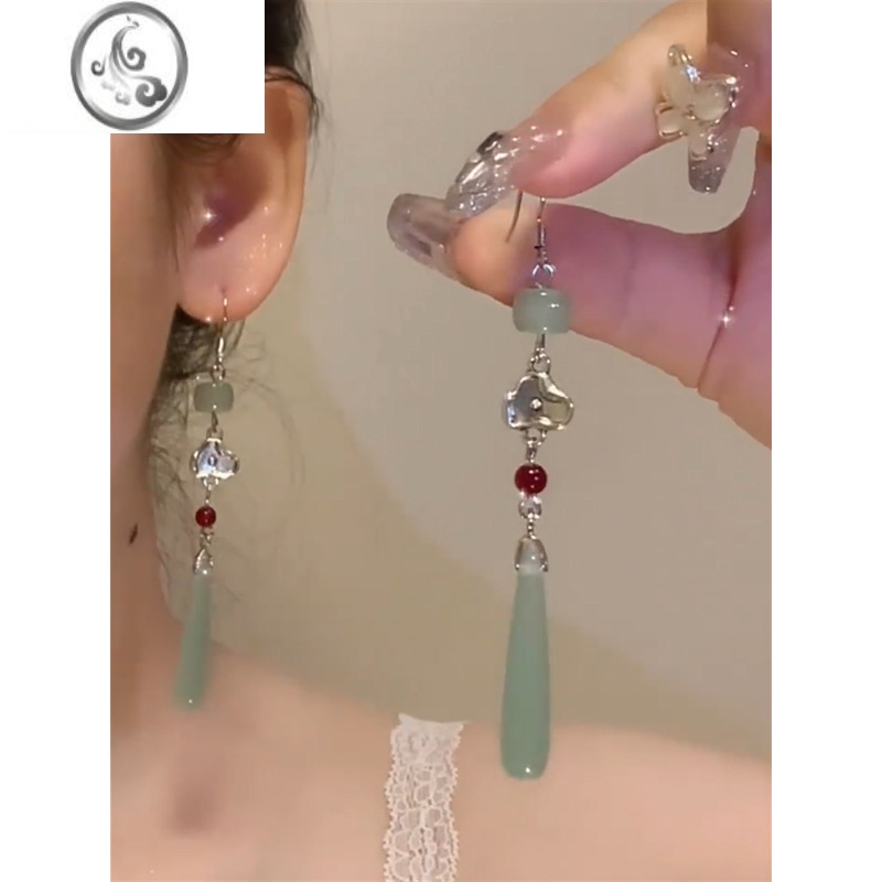 JiMi新中式玉石吊坠耳饰女复古国风旗袍耳钉长款流苏耳挂耳耳 青荷1对s925银