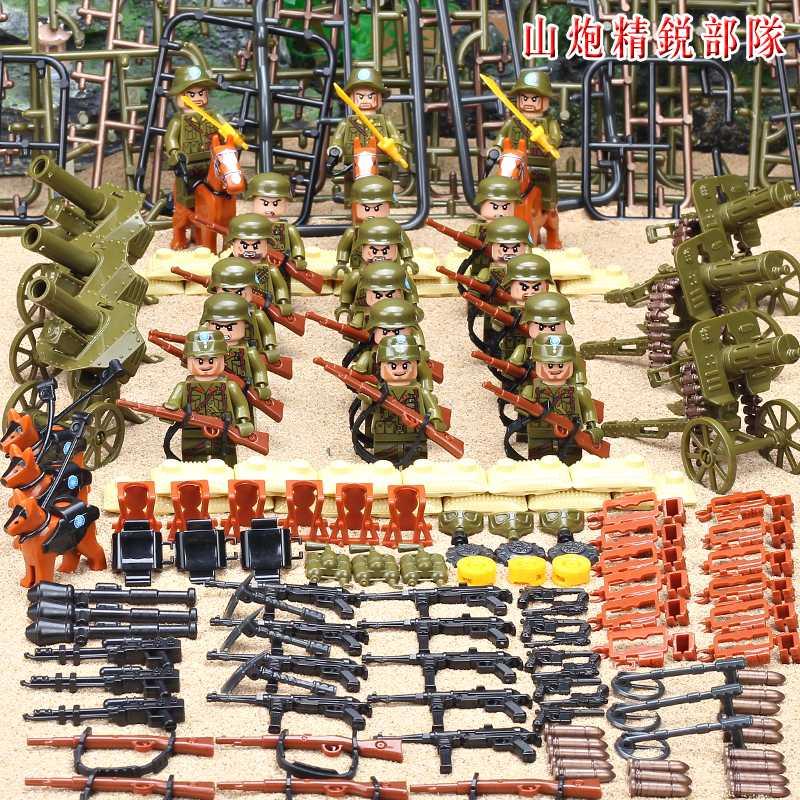 二战八路军打日军国军打仗抗日战争军事人仔积木玩具 八路军12人带2炮车高清大图