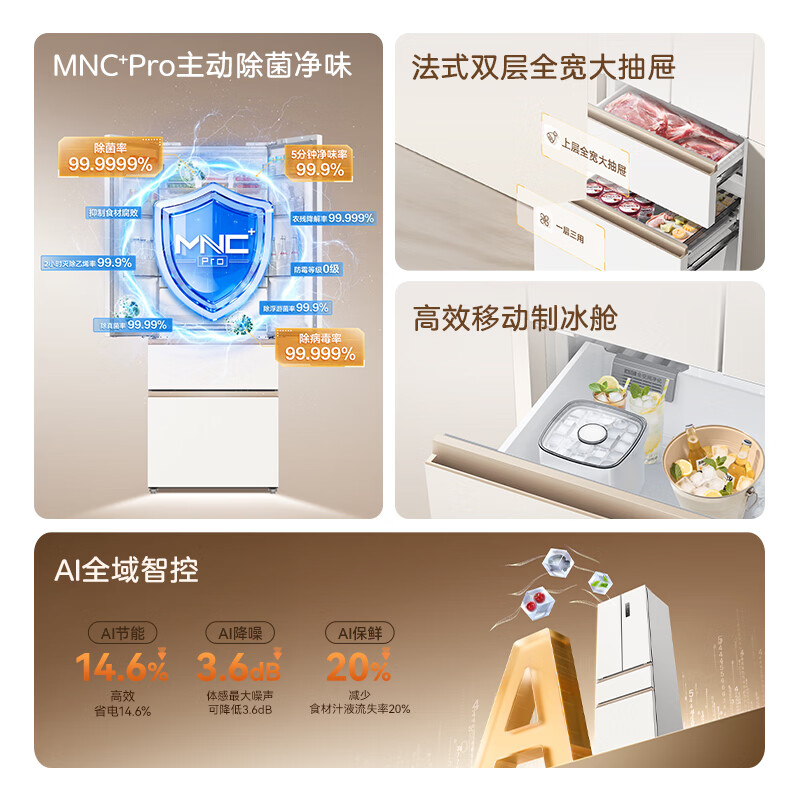 美菱420升小确杏法式多门四门70cm黄金宽距超薄零嵌入家用一级冰箱 BCD-420WFPU9CZXG1高清大图