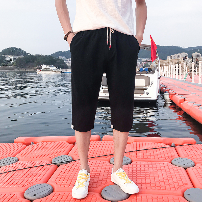 2018夏季年轻男士薄款韩版七分休闲裤棉麻裤哈伦裤青年舒适潮短裤
