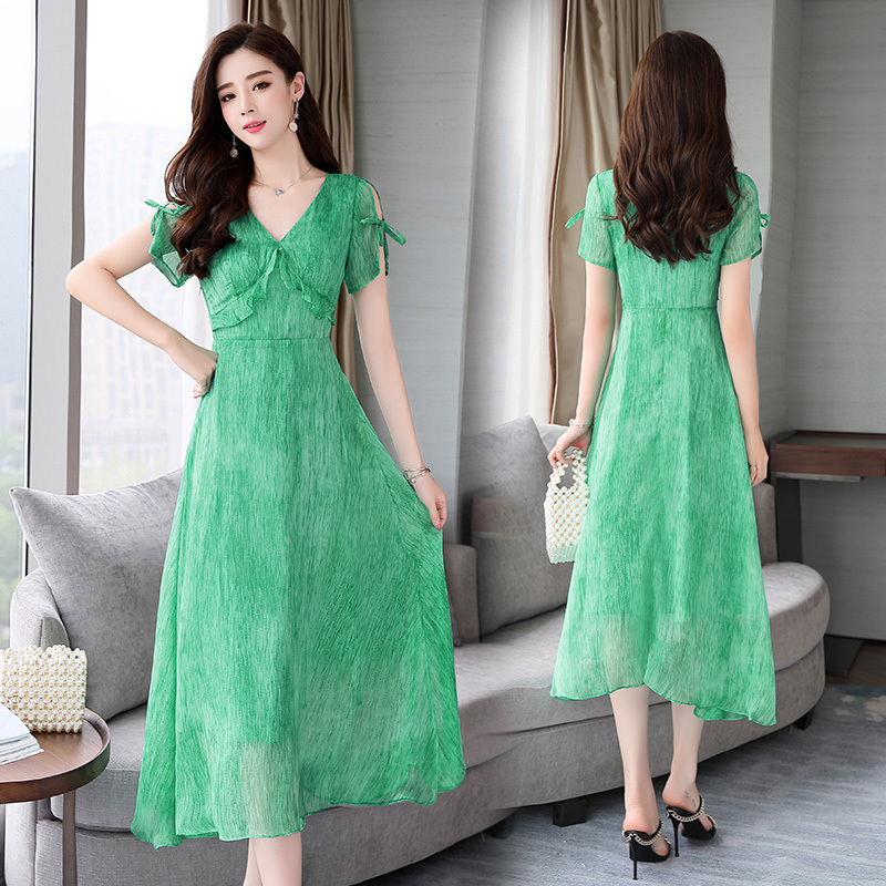 女士春夏装粉色中长款修身收腰a字大摆透视网纱裙子仙女裙连衣裙