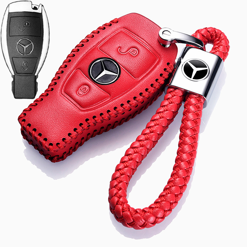 【补贴10%】奔驰C级C200L车钥匙套真皮GLC260 GLA200 GLE320 GLS400钥匙包扣汽车钥匙包 奔驰A款红色+绳（一键启动二键）全包