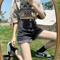 [2.5折价60元]唐狮夏季牛仔短裤女中牛仔蓝基础卷边牛仔短裤A字型宽松直筒短裤女