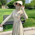 防晒衣女夏季长款连衣裙防紫外线冰丝长裙防晒服UPF50_PLUS M80-120斤 松椰咖（标准防晒）抽褶款