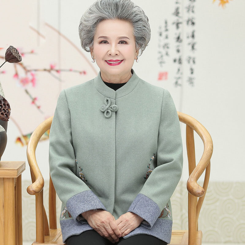 迪鲁奥（DILUAO)奶奶装秋冬装外套中老年女装春秋季外衣60-70-80岁老年人呢大衣宽_934 请选择正确尺码质量保证退换无忧 绿色加绒款(上衣)