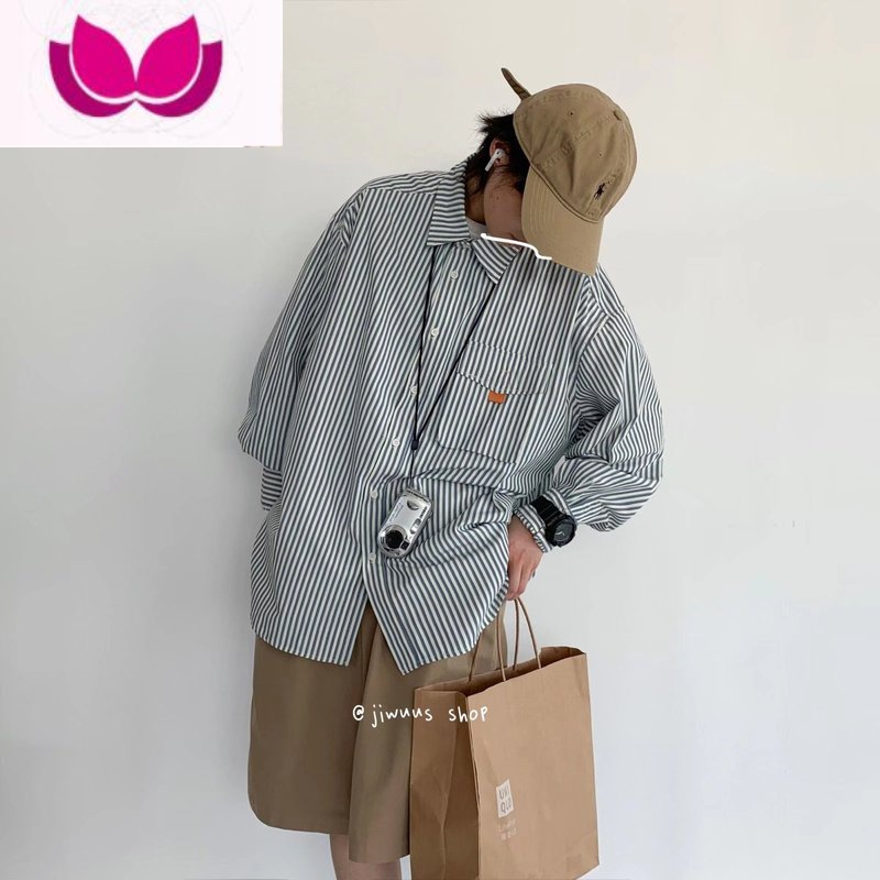 七斓ollieo秋季日系复古细条纹长袖衬衫男女cityboy外搭宽松衬衣外套