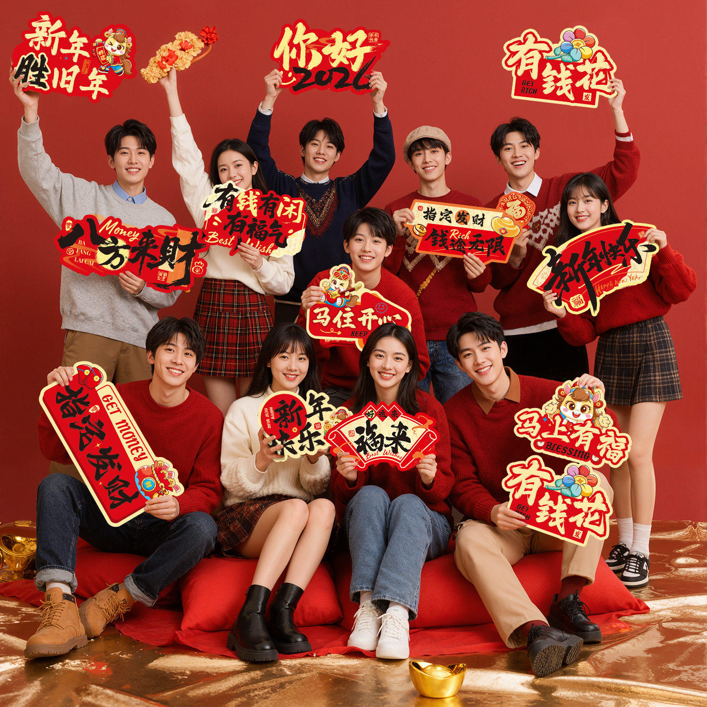 新年手举牌装饰品2026马年过年春节氛围布置手拿拍照庆祝道具KT板新 18个装/套高清大图