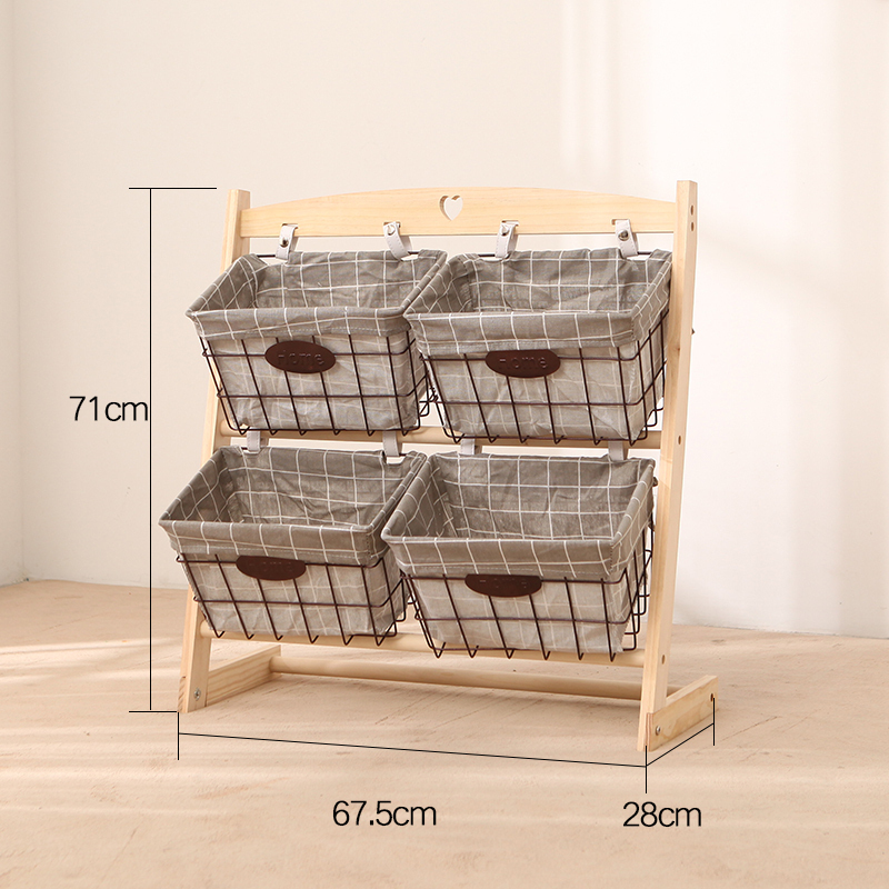 森美人客厅置物架实木玩具收纳架创意书报架落地多层书架铁艺储物架家用 二层-双排-灰格筐