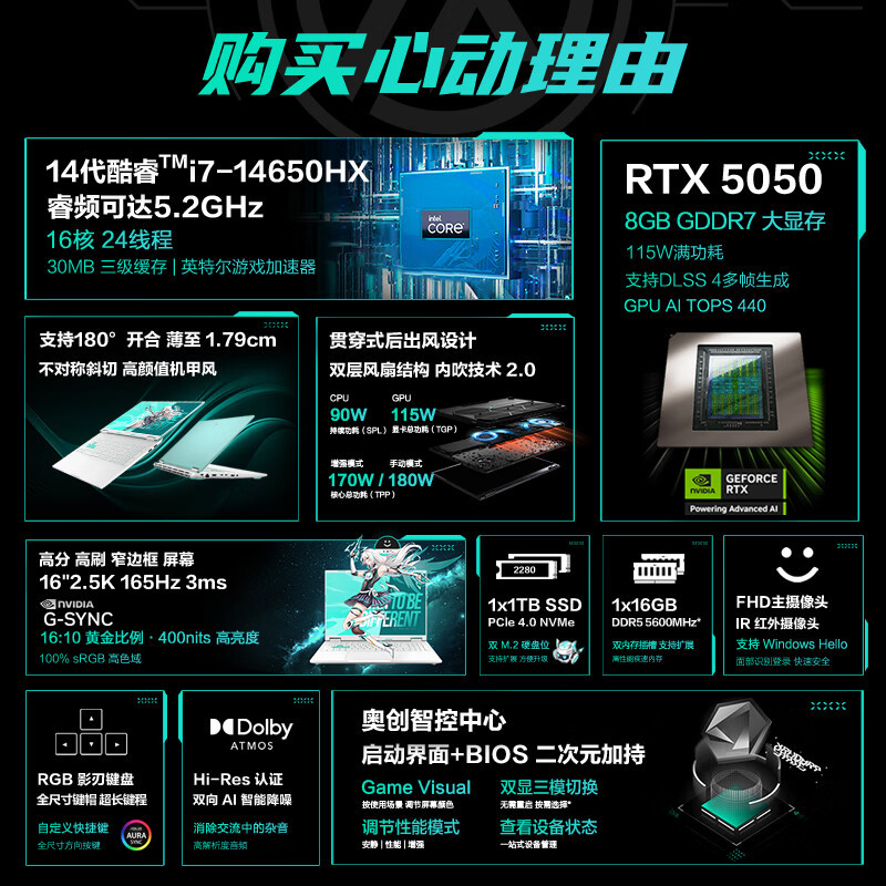 华硕天选6Pro 酷睿版 i7-14650 16G 1T RTX5050 魔幻青高清大图