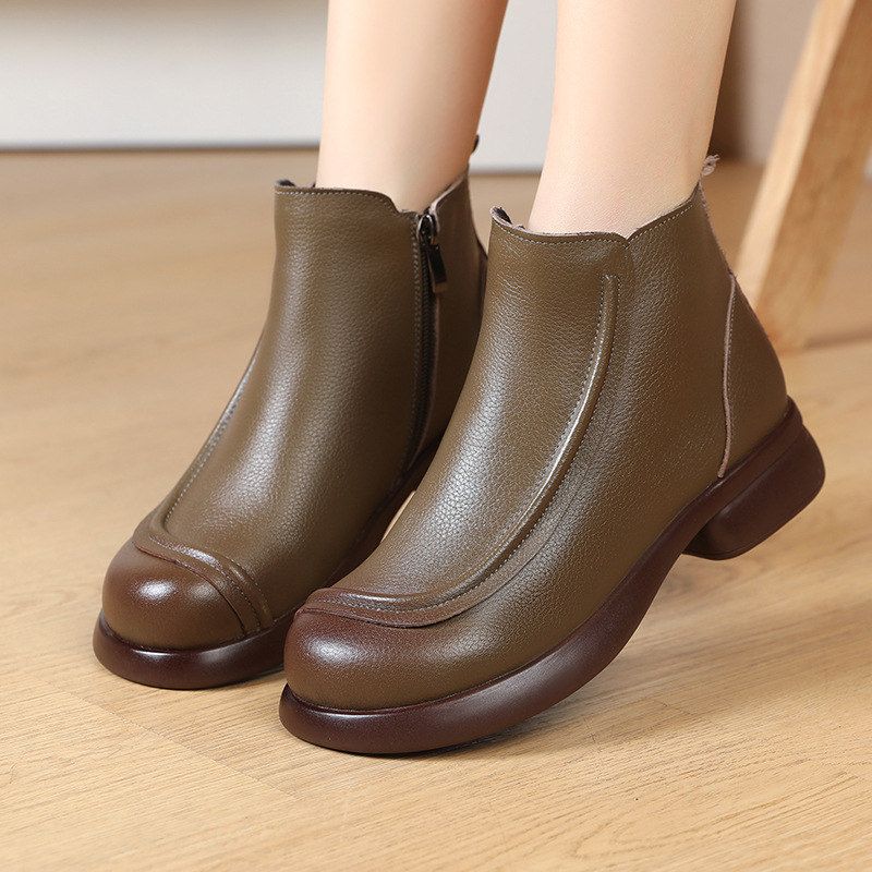 头层牛皮复古厚底小皮靴女秋冬季新款软底加绒保暖棉鞋雪地靴