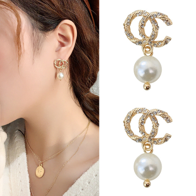 小香风点钻双c耳钉2020新款潮大牌珍珠耳环925银针高级感网红耳饰双c