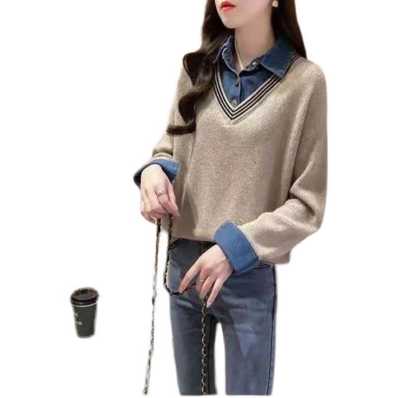 假两件拼接牛仔布衬衫领毛衣女秋冬时尚针织宽松套头大码百搭女士图片