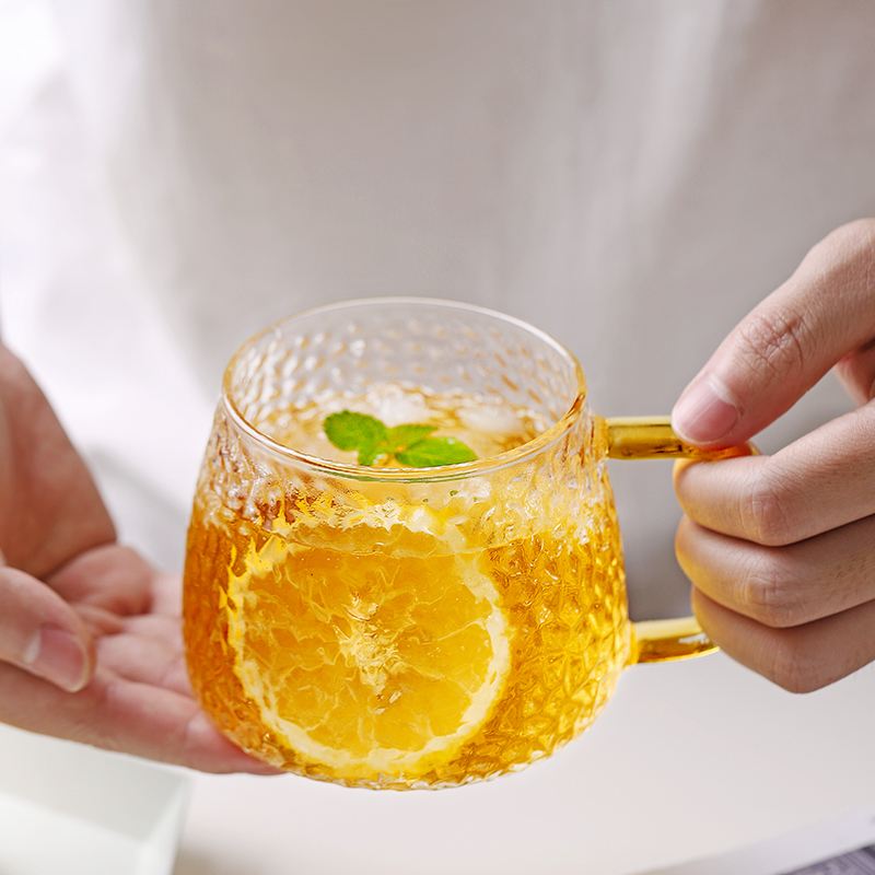 三维工匠带把玻璃杯手柄透明ins风茶杯喝水杯家用带把手简约杯子 三 升级款-怡兰锤纹杯350(带盖带茶隔)-透明手柄
