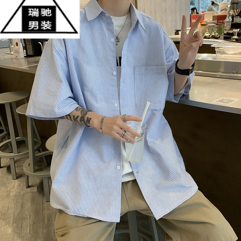 希杰狮王条纹短袖衬衫男2023年新款夏季日系潮牌宽松休闲男生工装衬衣外套