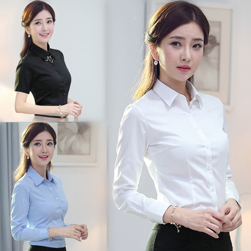 白衬衫女修身长袖职业装大码工作服正装白色蓝色白衬衣女韩版