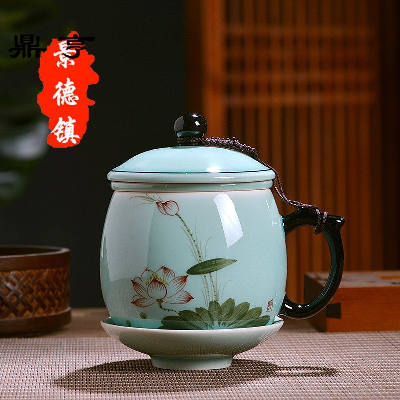 鼎亨景德镇陶瓷带盖过滤茶杯办公茶水分离泡茶杯家用水杯喝茶瓷杯