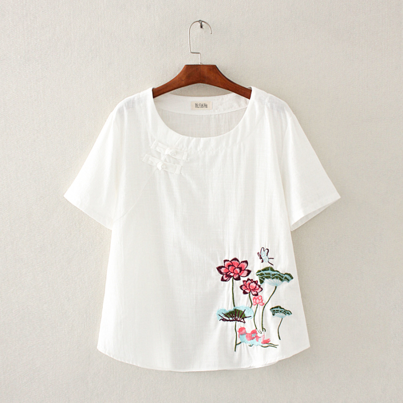 艳如飞棉麻上衣女亚麻棉刺绣t恤宽松短袖夏季复古绣花大码女装洋气