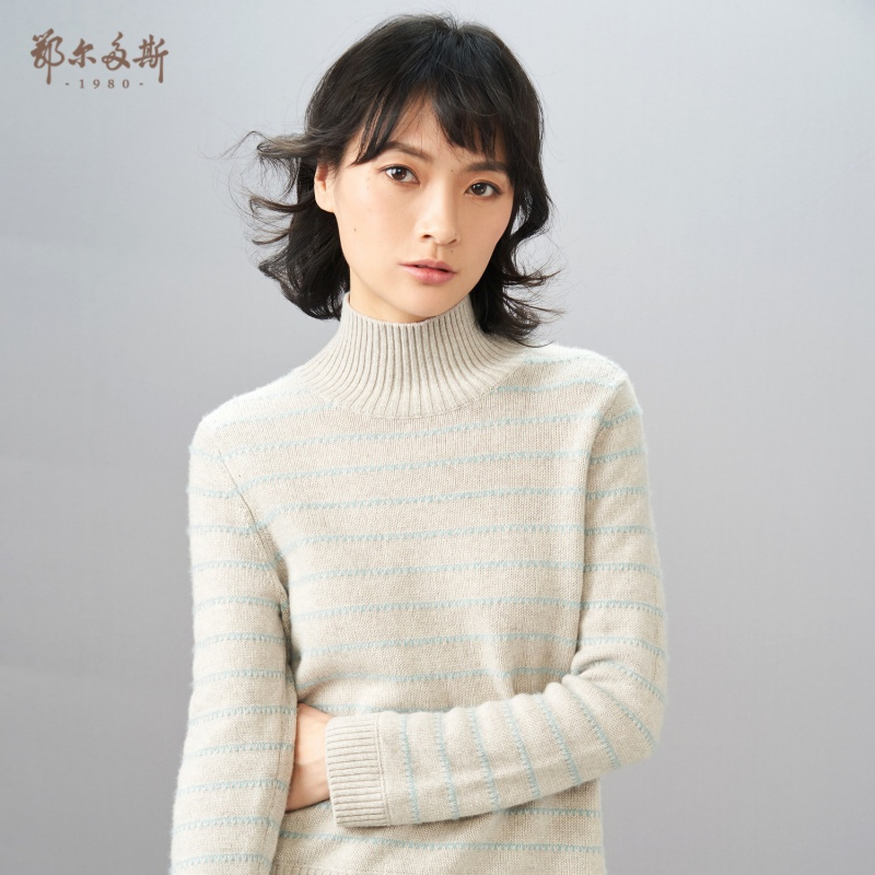 鄂尔多斯1980 半高领条纹女士羊绒衫针织衫纯羊绒修身