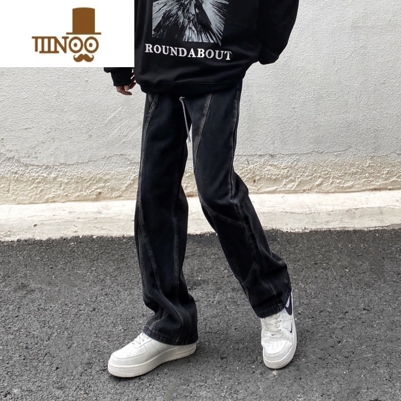 YANXU非潮勿近高街美式复古水洗拼接牛仔裤男直筒宽松设计垂感式近感设高清大图