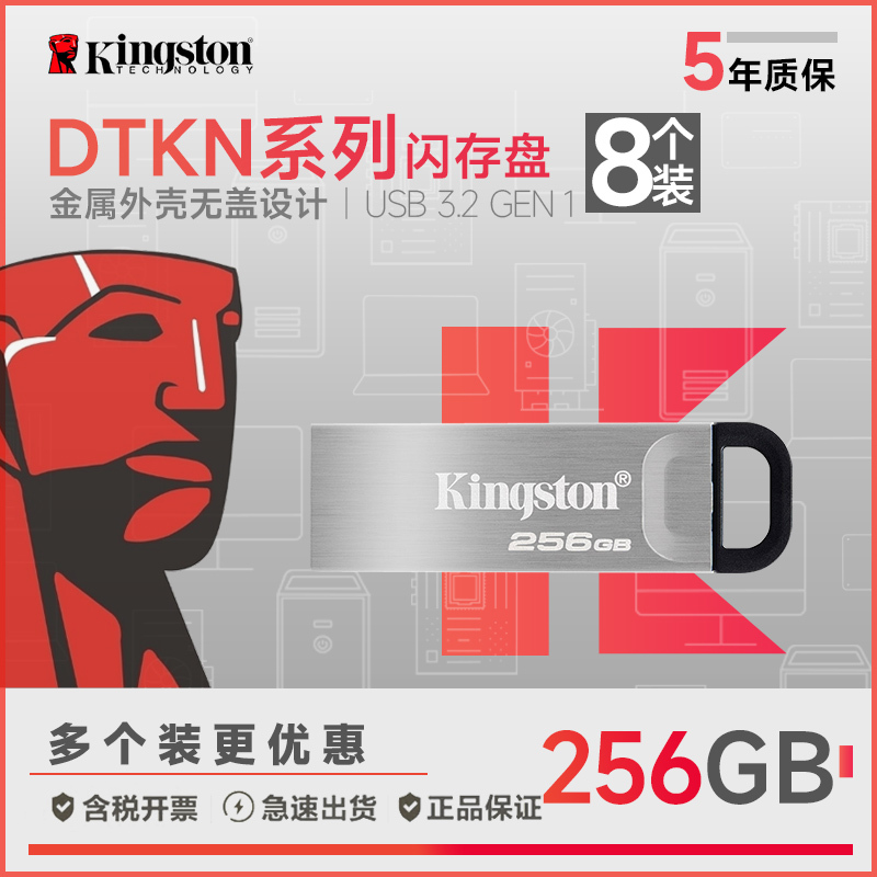 金士顿优盘256GB USB 3.2 Gen 1 U盘 DTKN 金属外壳 读速200MB/s 8个