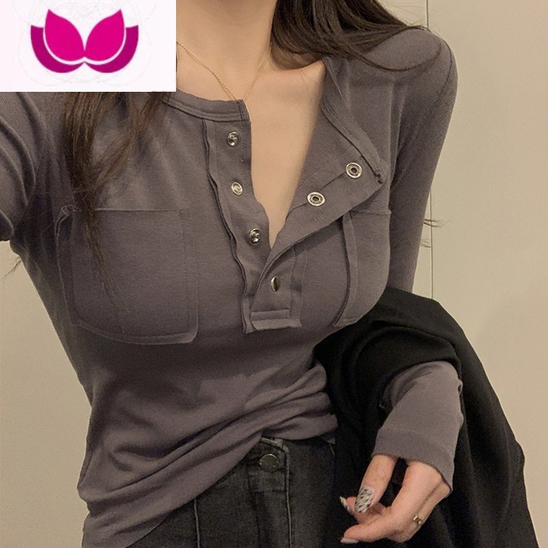 七斓半开领心机露锁骨长袖T恤女早春气质内搭性感修身打底衫纯欲上衣