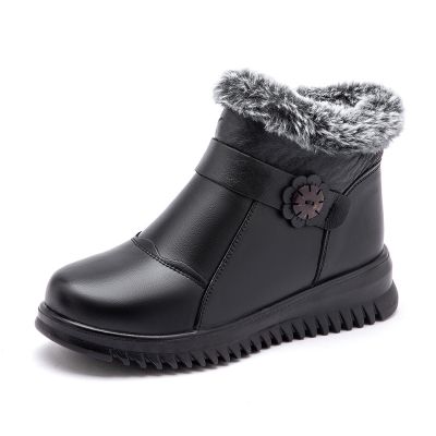 新款牛皮妈妈棉鞋圆头舒适软底防滑中老年妈妈皮靴厂家直销批发 黑色 35