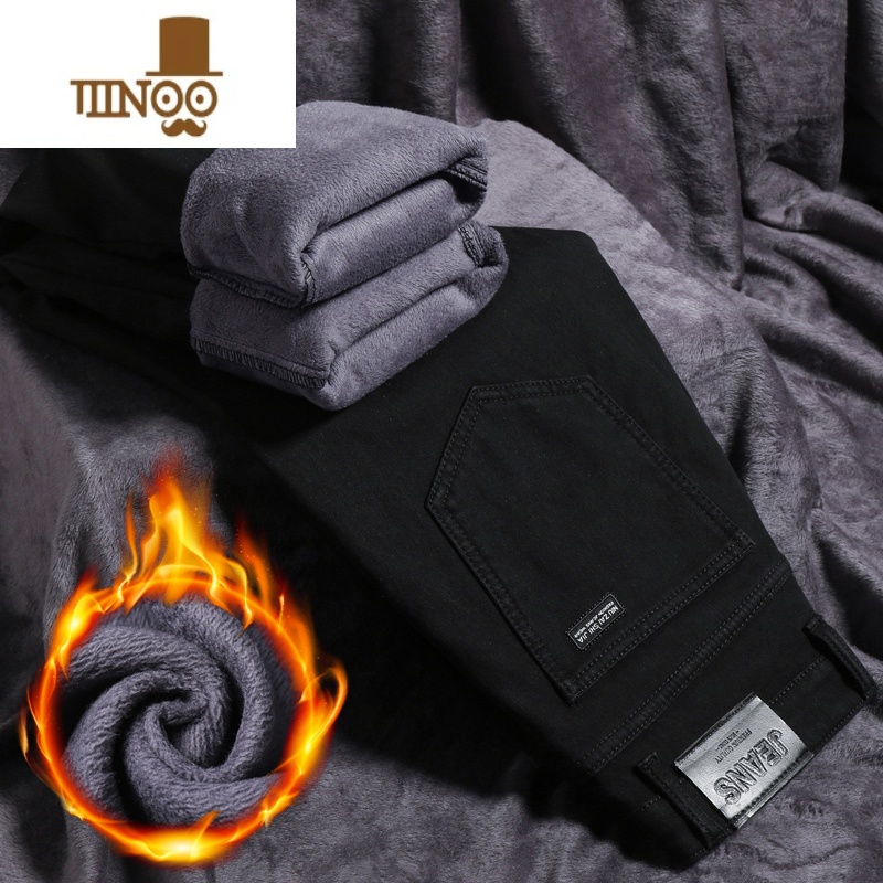 YANXU款加绒牛仔裤男2022年新款冬季保暖宽松直筒弹力黑色男士裤子高清大图