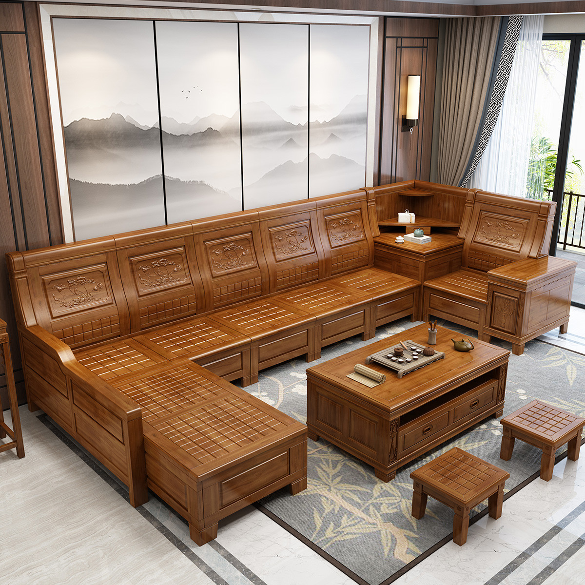 采百木(caibaimu)实木沙发组合香樟木沙发多功能转角储物贵妃新中式