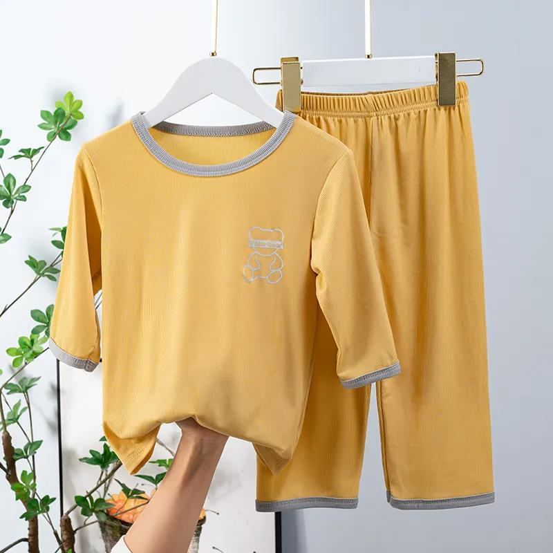 儿童家居服睡衣夏季男童七分袖长袖女童冰丝套装薄款中大童睡衣 莎丞