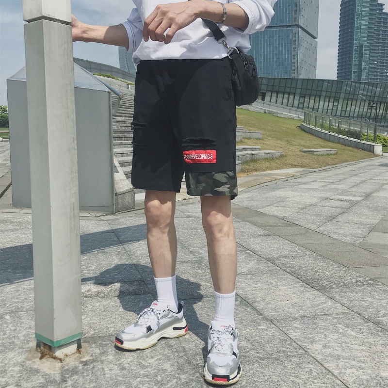 港风沙滩裤子男韩版潮流5分休闲裤ins破洞短裤bf原宿风宽松五分裤