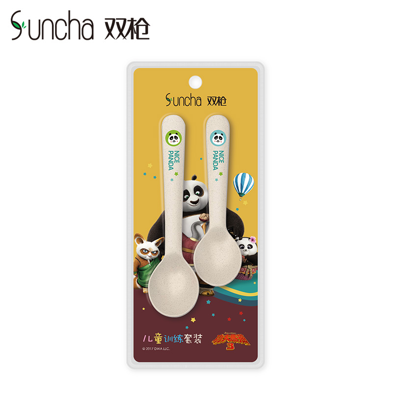 双枪 Suncha非一次型性使用稻壳儿童筷子叉勺子餐具套装两件套卡通宝宝筷练习筷学习筷功夫熊猫 勺子+勺子 KZ7204