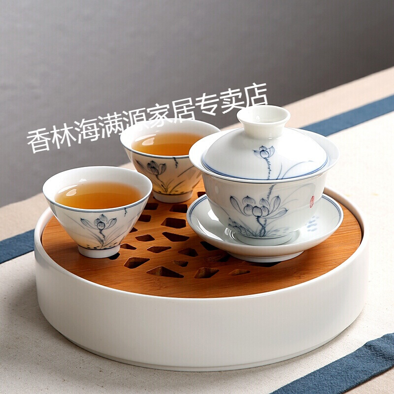 2018年新款景德镇手绘陶瓷盖碗青花瓷手抓泡茶碗三才碗杯功夫敬茶碗茶杯茶具