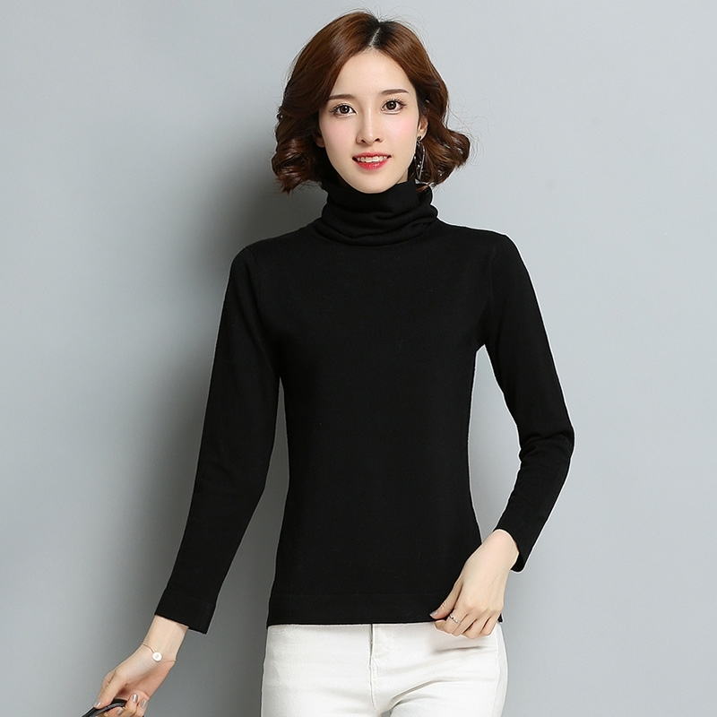 秋冬女堆堆领贴身打底衫纯色修身羊毛衫短款套头毛衣针织衫