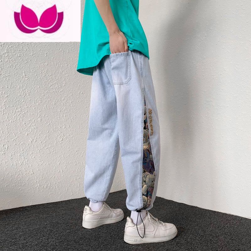 七斓牛仔长裤男ins复古拼接小熊高街夏季工装裤子潮牌九分束脚裤图片