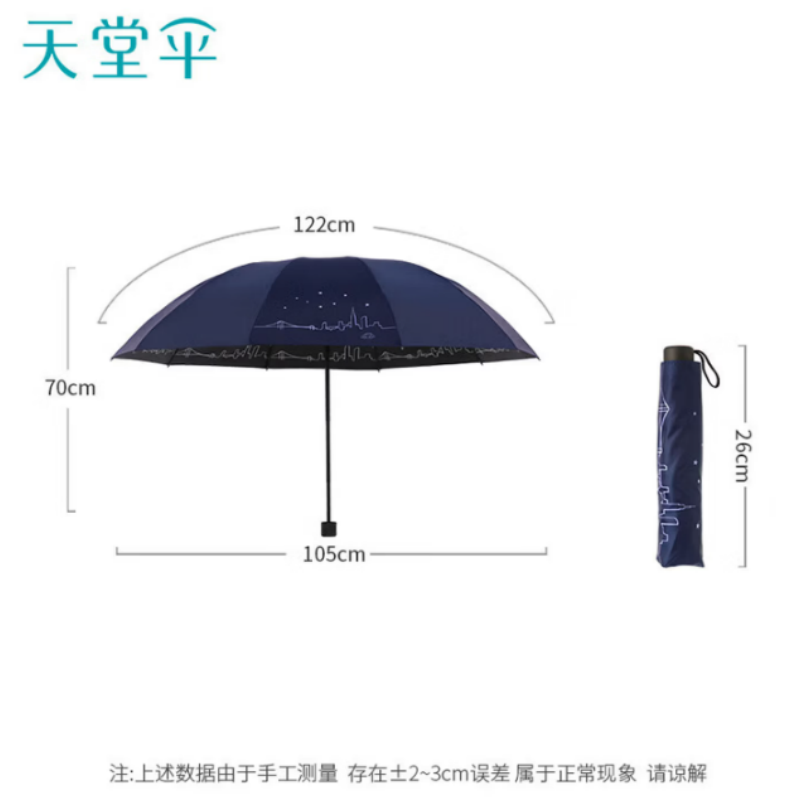 天堂双人晴雨伞三折太阳伞10k钢骨全钢加大加固伞抗风晴雨伞下105CM深邃蓝高清大图