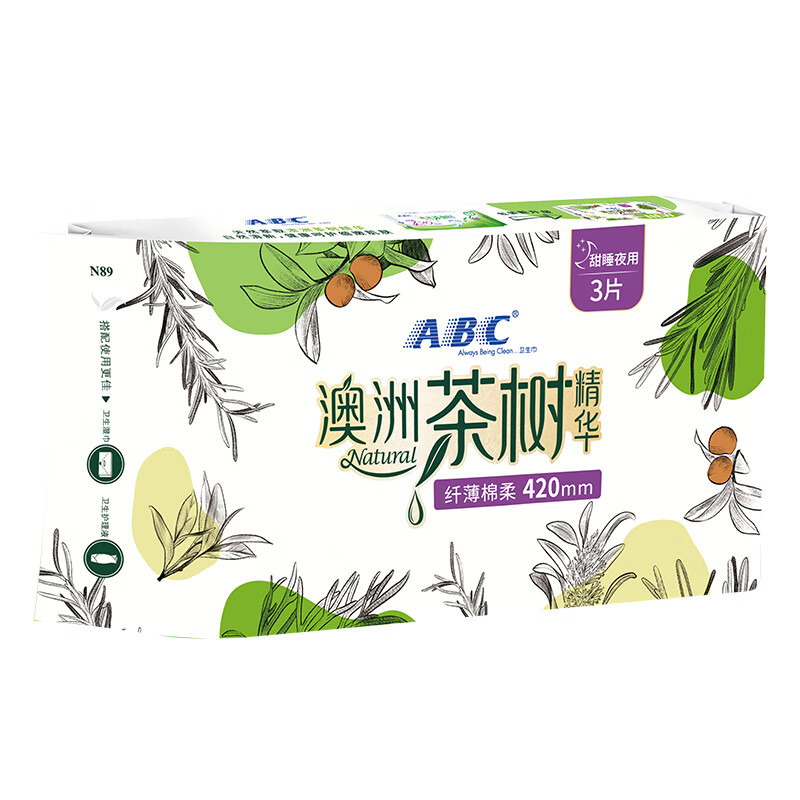 ABC卫生巾超长甜睡夜用棉柔茶树精华卫生巾420mm*3片*6包 N89高清大图