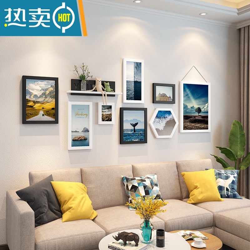 敬平北欧客厅装饰画沙发背景墙画餐厅墙面墙壁画家居卧室房间床头挂画装饰画 8框黑白-D+黑色置物架 尺寸看详情页20mm左右厚板组合一套价格不含摆件