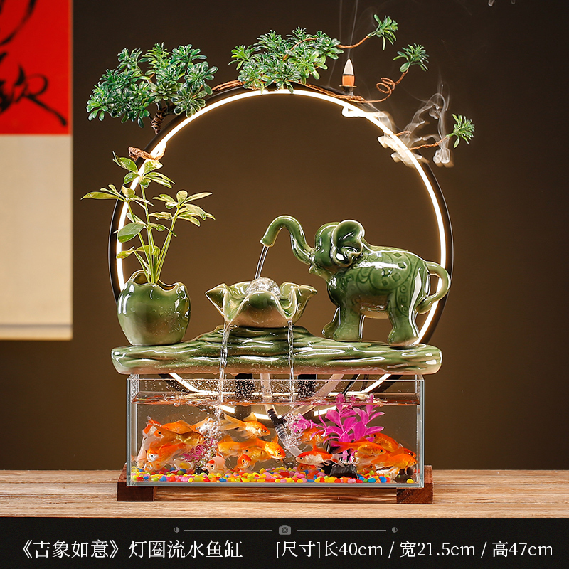 陶瓷流水生财玻璃鱼缸摆件客厅电视柜装饰轮办公开业乔迁礼品