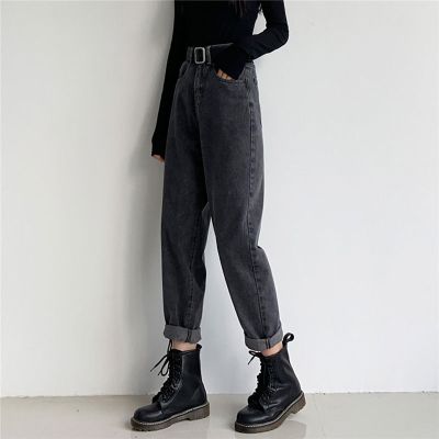 高腰牛仔裤女宽松韩版胖mm直筒哈伦秋冬款老爹萝卜长裤子
