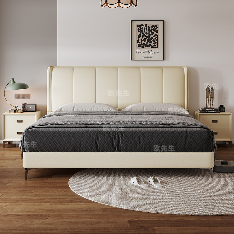 头层牛皮床主卧次卧双人大床实木真皮极简婚床高清大图