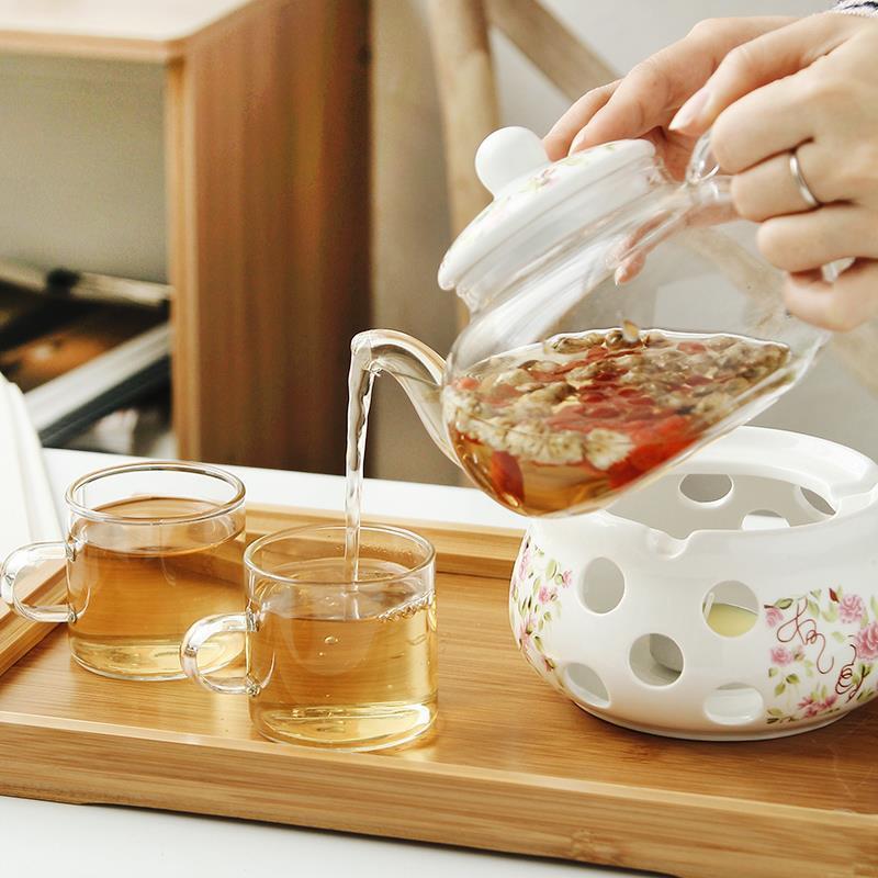 鱼丸 茶具花茶壶花陶瓷茶具花茶杯花草水果花果茶壶蜡烛加热套装玻璃