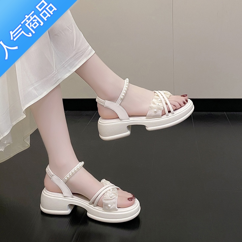 SUNTEK粗跟凉鞋女夏新款透气仙女风厚底百搭露趾凉鞋轻便配裙子珍珠女鞋高清大图