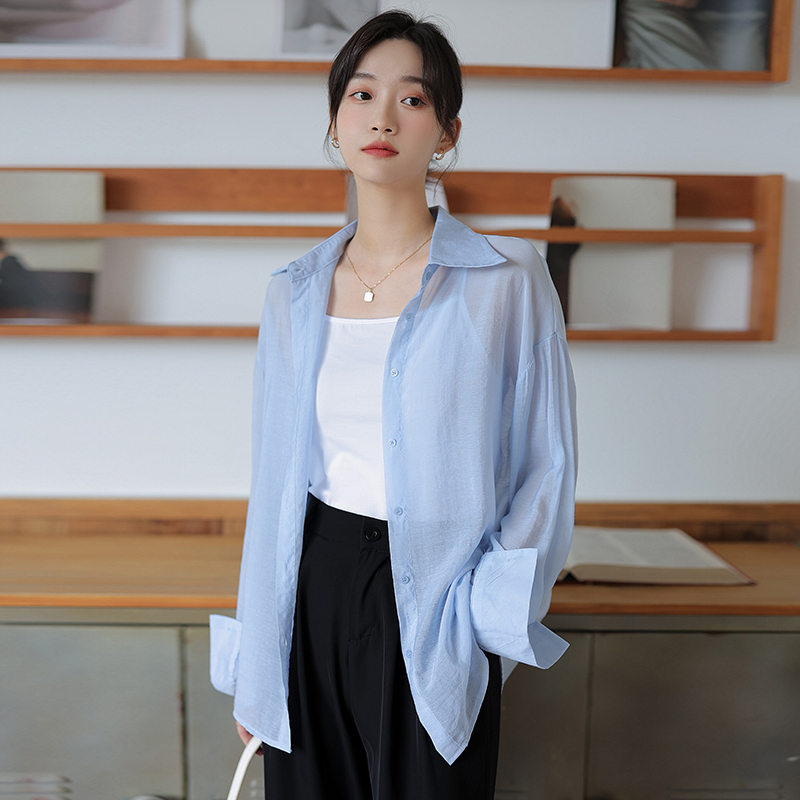 夏季长袖雪纺衬衫防晒衣服女2022年新款韩版宽松开衫薄外套ins潮