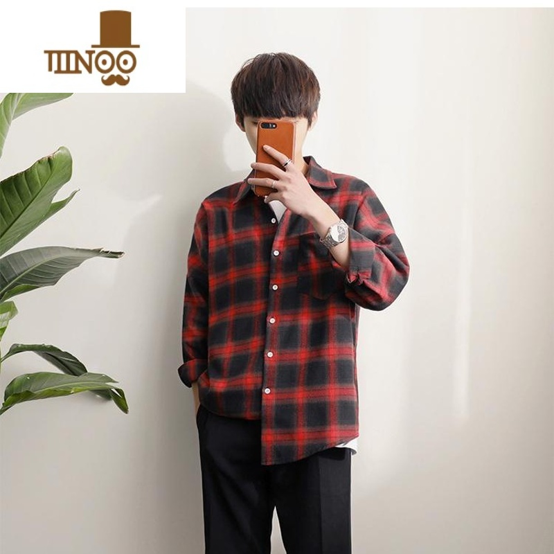 YANXU2023新款复古美式港风红黑白色格子衬衫男宽松长袖外套大码薄款潮高清大图